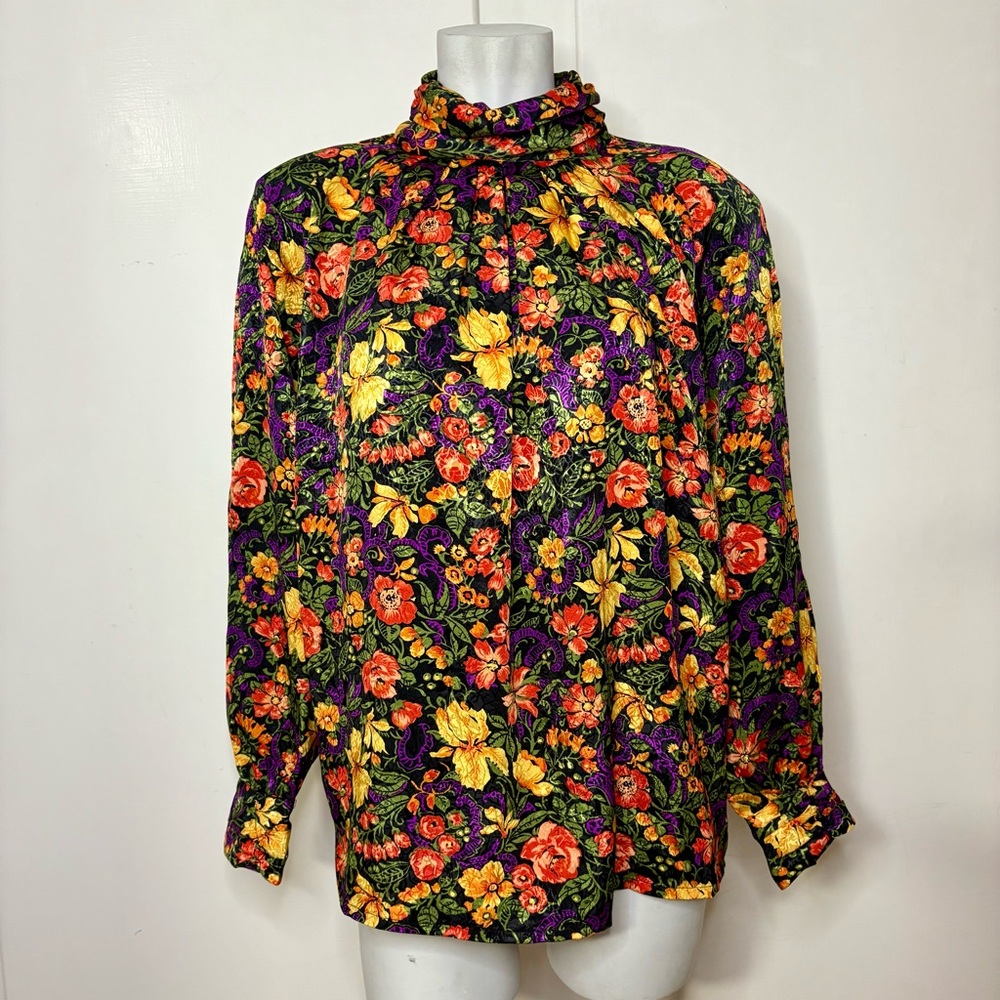 Vintage 90s Bright Orange Purple Floral High Neck Satin Blouse